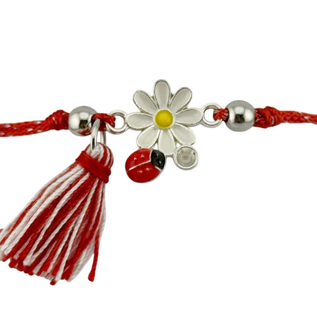 Detaliu pandantiv inox brățară mărțișor Jolie model margaretă cu buburuză și pietre decorative, snur reglabil