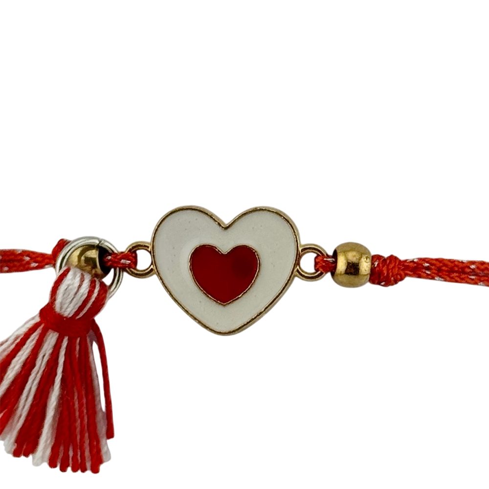 Martisor Bratara cu Ciucure pentru Dama, Jolie, Model Inimi, Set 12 bucati, Pandativ din Inox, Snur Reglabil, Rosu/Alb - vivimall.ro