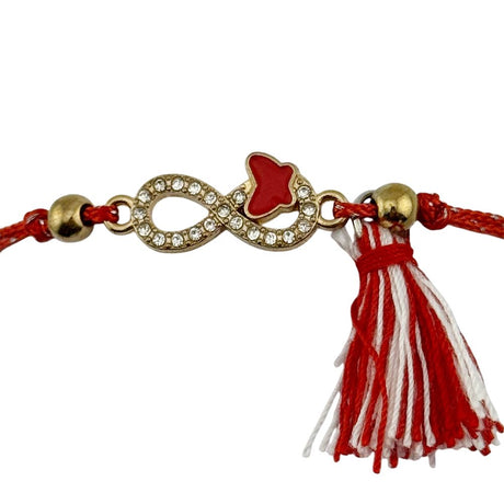 Detaliu pandantiv inox cu pietre decorative și model infinit cu fluture, brățară mărțișor Jolie roșu-alb