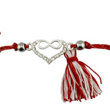 Martisor Bratara cu Ciucure pentru Dama, Jolie, Model Inima Infinit, Set 12 bucati, Pandativ din Inox cu Pietre, Snur Reglabil, Rosu/Alb - vivimall.ro