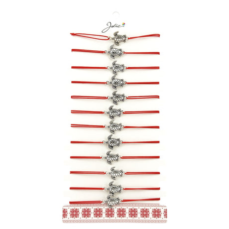 Set 12 brățări mărțișor Jolie model Broască Țestoasă, pandantiv argintiu inox cu șnur roșu, vedere de ansamblu