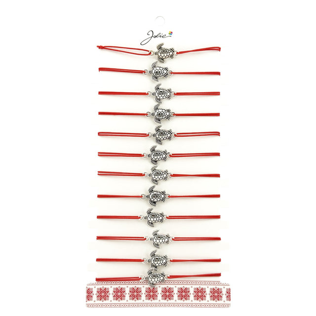 Bratara Martisor pentru Dama, Jolie, Model Broasca Testoasa, Set 12 bucati, Pandativ Argintiu din Inox cu Snur Rosu Ajustabil - vivimall.ro