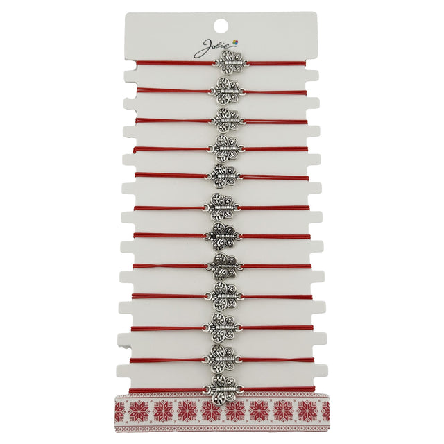 Bratara Martisor pentru Dama, Jolie, Model Fluturas, Set 12 bucati, Pandativ Argintiu din Inox cu Snur Rosu Ajustabil - vivimall.ro