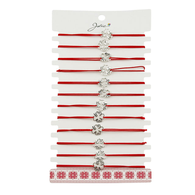 Martisor Bratara Elastica cu Pandantiv din Inox, Jolie, pentru Dama, Set 12 bucati, Snur Rosu Textil, Model Trifoi cu Patru Foi - vivimall.ro