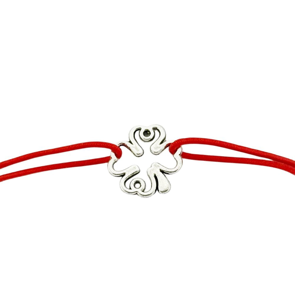 Martisor Bratara Elastica cu Pandantiv din Inox, Jolie, pentru Dama, Set 12 bucati, Snur Rosu Textil, Model Trifoi cu Patru Foi - vivimall.ro