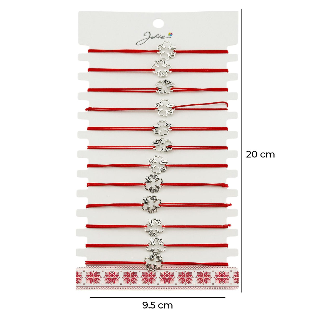 Martisor Bratara Elastica cu Pandantiv din Inox, Jolie, pentru Dama, Set 12 bucati, Snur Rosu Textil, Model Trifoi cu Patru Foi - vivimall.ro