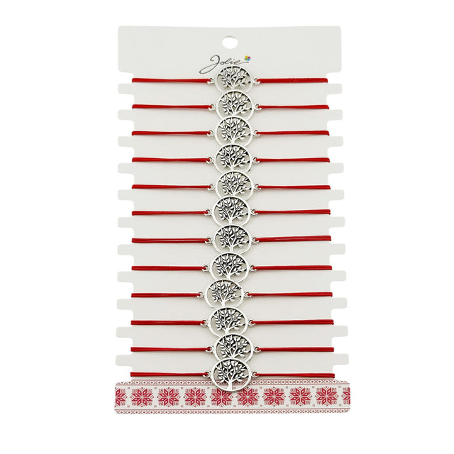 Set 12 mărțișoare brățări elastice Jolie, model Pomul Vieții, pandantiv inox și snur roșu, vedere de ansamblu