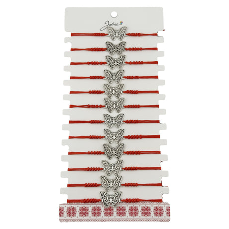 Set 12 brățări mărțișor pentru damă Jolie, model fluture argintiu cu snur roșu ajustabil, vedere de ansamblu