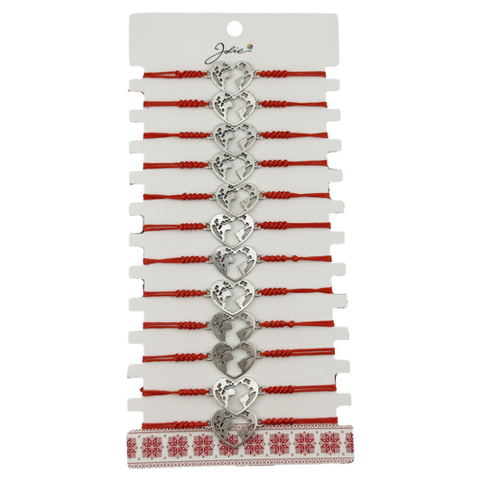 Bratara Martisor pentru Dama, Jolie, Model Inima Glob, Set 12 bucati, Pandativ Argintiu din Inox cu Snur Rosu Ajustabil - vivimall.ro