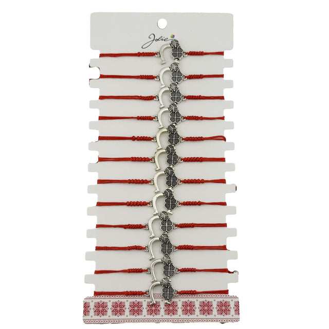 Bratara Martisor pentru Dama, Jolie, Model Potcoava cu Trifoi, Set 12 bucati, Pandativ Argintiu din Inox cu Snur Rosu Ajustabil - vivimall.ro