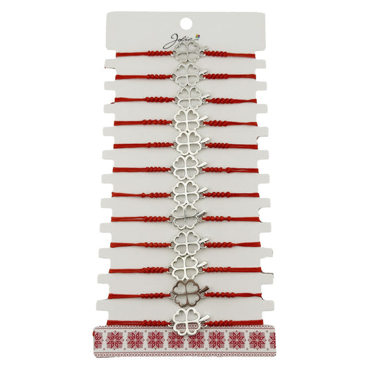 Bratara Martisor pentru Dama, Jolie, Model Trifoi in Contur, Set 12 bucati, Pandativ Argintiu din Inox cu Snur Rosu Ajustabil - vivimall.ro