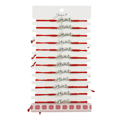 Mărțișor brățară împletită Jolie cu pandantiv inox model Mama, set 12 bucăți, snur roșu textil, vedere frontală