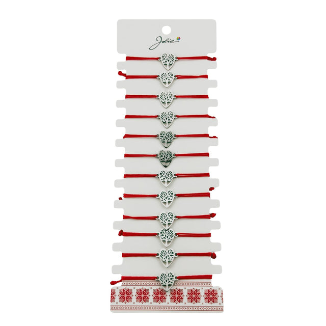 Bratara Martisor pentru Dama, Jolie, Model Copac in Inima, Set 12 bucati, Pandativ Argintiu din Inox cu Snur Rosu Ajustabil - vivimall.ro