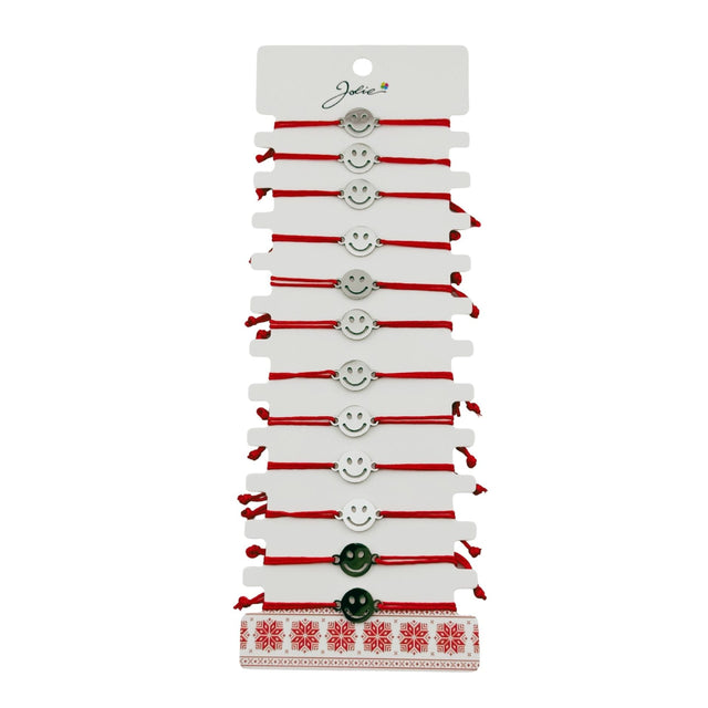 Bratara Martisor pentru Dama, Jolie, Model Smile, Set 12 bucati, Pandativ Argintiu din Inox cu Snur Rosu Ajustabil - vivimall.ro