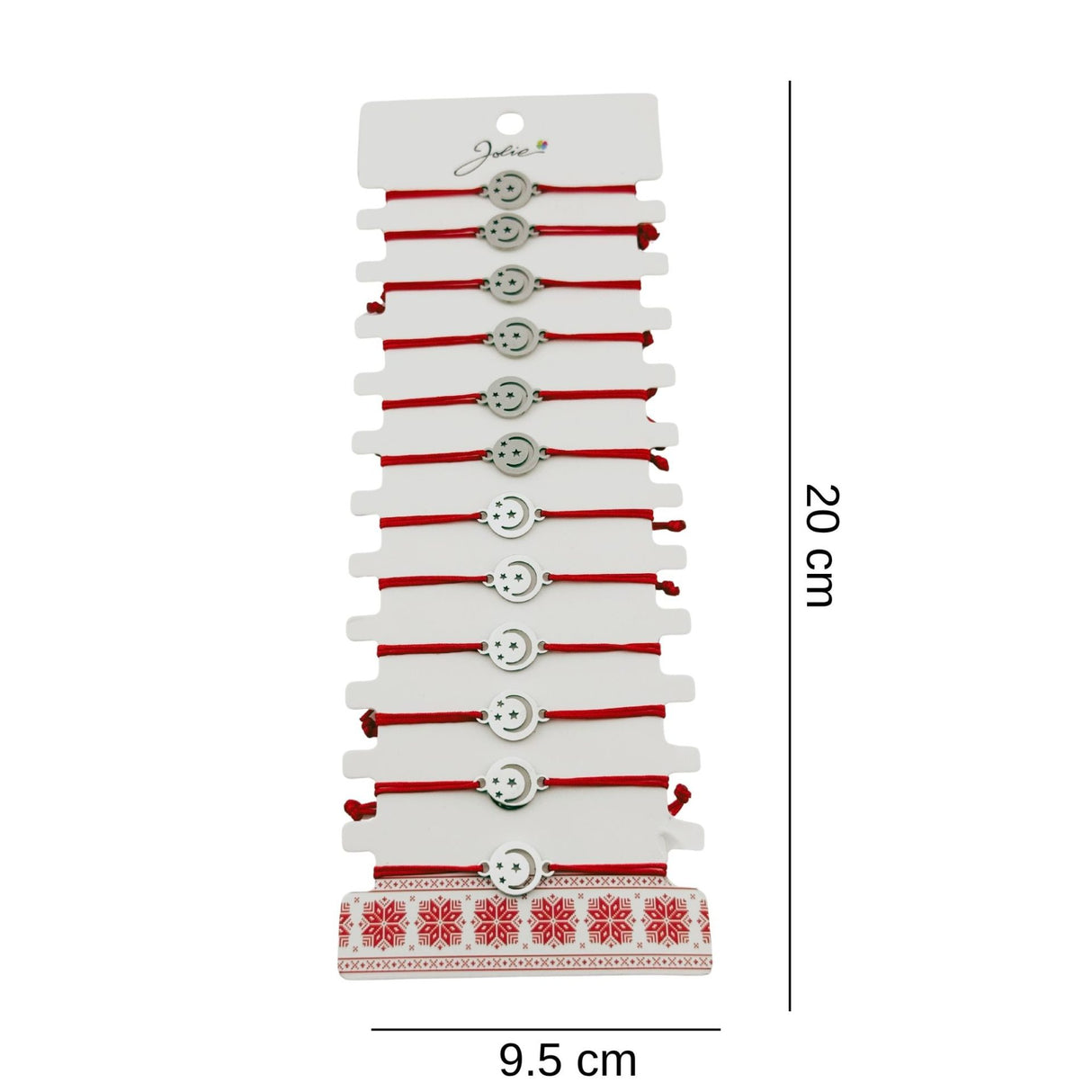 Detaliu pandantiv argintiu din inox model Lună în Cerc, brățară mărțișor Jolie cu șnur roșu ajustabil