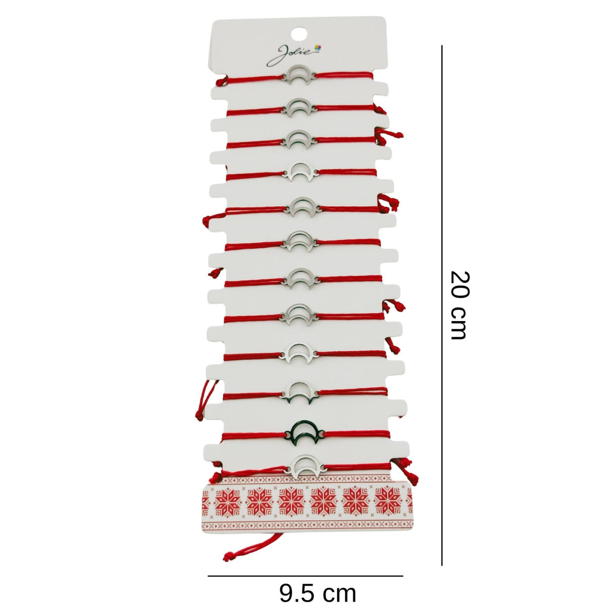 Bratara Martisor pentru Dama, Jolie, Model Semiluna, Set 12 bucati, Pandativ Argintiu din Inox cu Snur Rosu Ajustabil - vivimall.ro