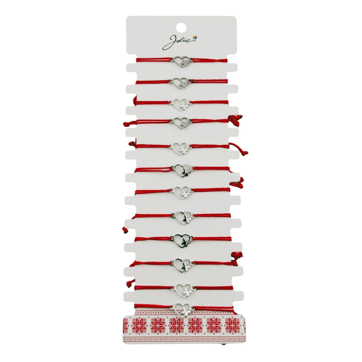Bratara Martisor pentru Dama, Jolie, Model Inima cu Fluture, Set 12 bucati, Pandativ Argintiu din Inox cu Snur Rosu Ajustabil - vivimall.ro
