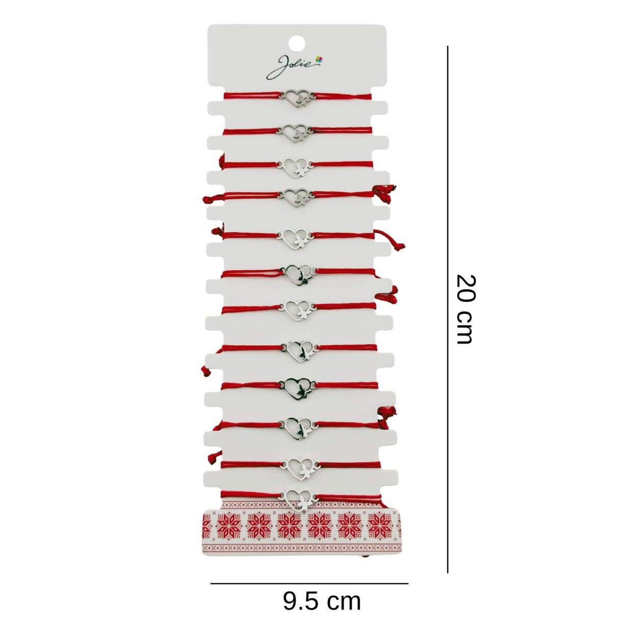 Bratara Martisor pentru Dama, Jolie, Model Inima cu Fluture, Set 12 bucati, Pandativ Argintiu din Inox cu Snur Rosu Ajustabil - vivimall.ro