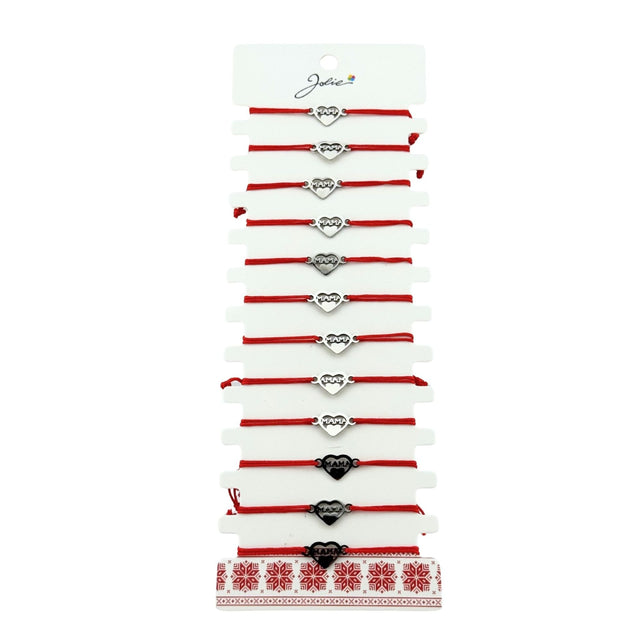 Bratara Martisor pentru Dama, Jolie, Model Inima cu Text Mama, Set 12 bucati, Pandativ Argintiu din Inox cu Snur Rosu Ajustabil - vivimall.ro