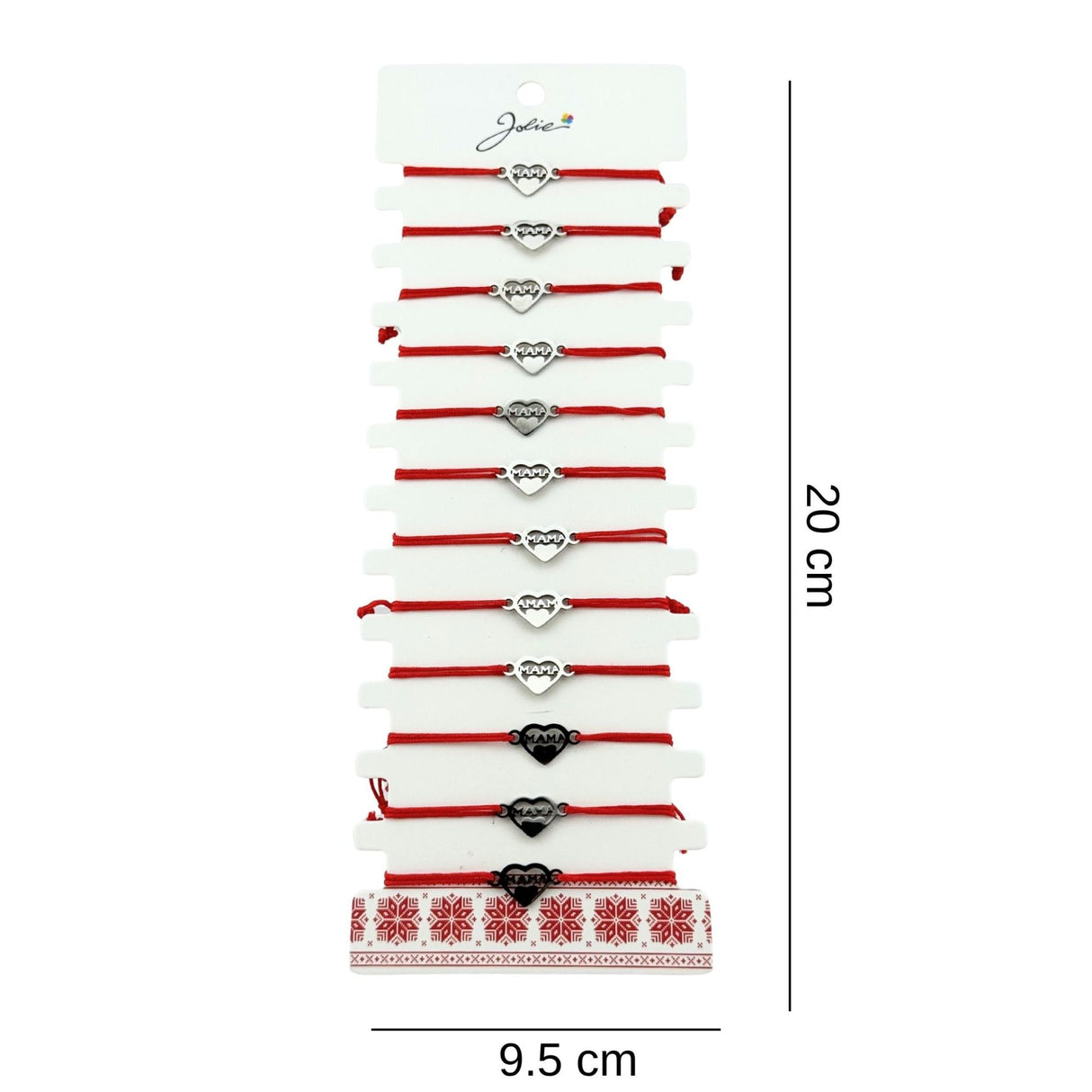Bratara Martisor pentru Dama, Jolie, Model Inima cu Text Mama, Set 12 bucati, Pandativ Argintiu din Inox cu Snur Rosu Ajustabil - vivimall.ro