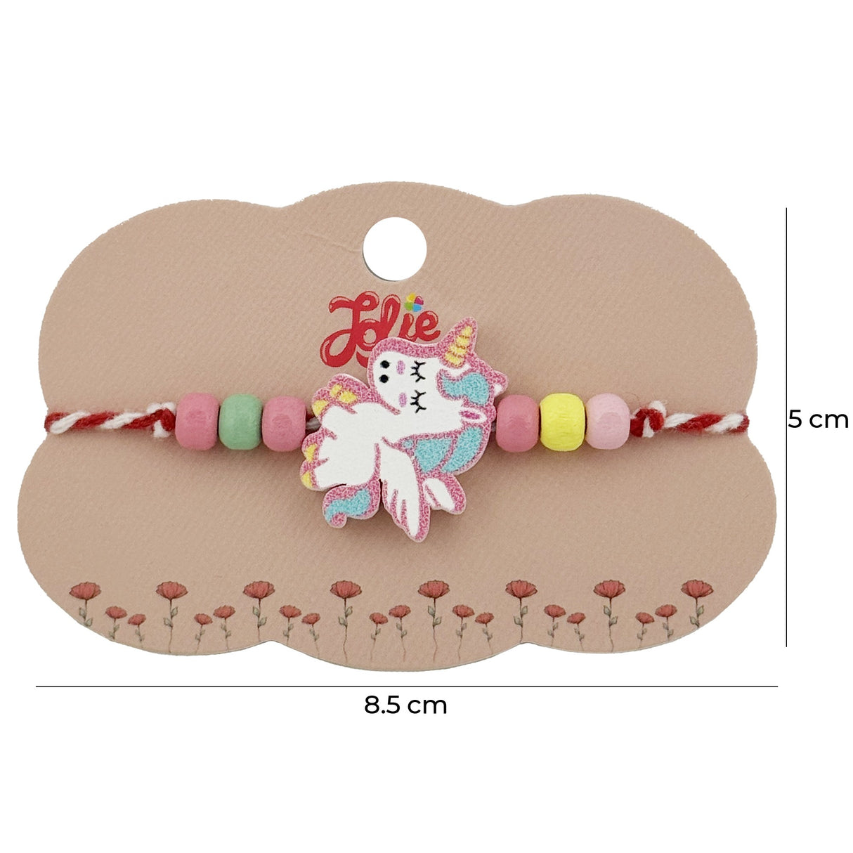 Detaliu pandantiv unicorn decorat cu motive florale pe brățară mărțișor Jolie, mărgele galben, roz, verde