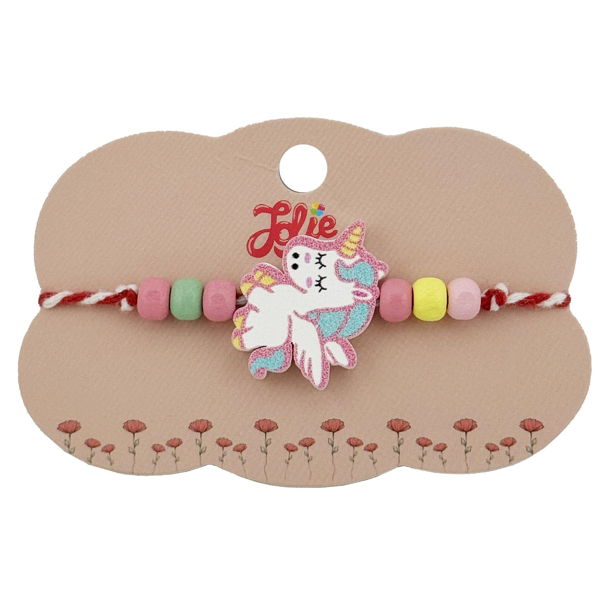 Brățară mărțișor pentru fetițe Jolie cu pandantiv unicorn și mărgele din lemn multicolore, șnur alb-roșu