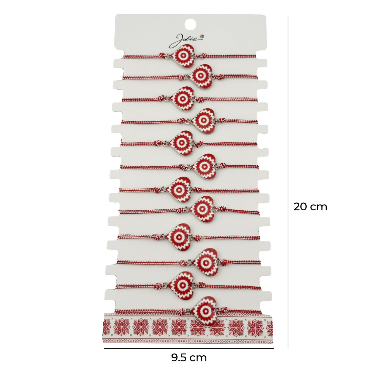 Bratara Martisor pentru Dama, Jolie, Model Inima, Set 12 bucati, Pandativ din Aliaj cu Print Traditional, Snur Ajustabil Impletit, Alb/Rosu - vivimall.ro