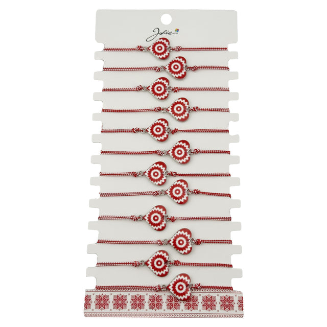 Bratara Martisor pentru Dama, Jolie, Model Inima, Set 12 bucati, Pandativ din Aliaj cu Print Traditional, Snur Ajustabil Impletit, Alb/Rosu - vivimall.ro