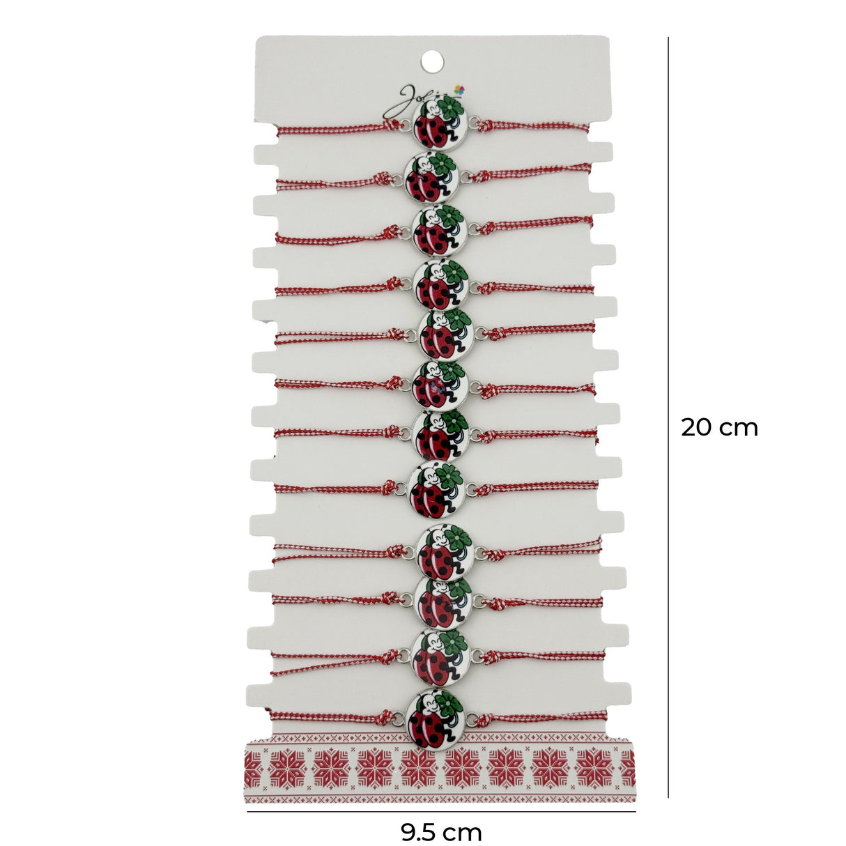 Bratara Martisor pentru Dama, Jolie, Model Buburuza cu Trifoi, Set 12 bucati, Pandativ Alb cu Print Traditional, Snur Ajustabil Impletit, Alb/Rosu - vivimall.ro