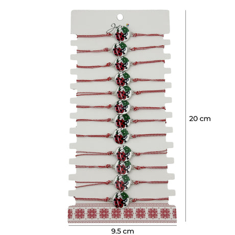 Bratara Martisor pentru Dama, Jolie, Model Buburuza cu Trifoi, Set 12 bucati, Pandativ Alb cu Print Traditional, Snur Ajustabil Impletit, Alb/Rosu - vivimall.ro