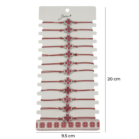 Bratara Martisor pentru Dama, Jolie, Model Trifoi, Set 12 bucati, Pandativ din Aliaj cu Print Traditional, Snur Ajustabil Impletit, Alb/Rosu - vivimall.ro