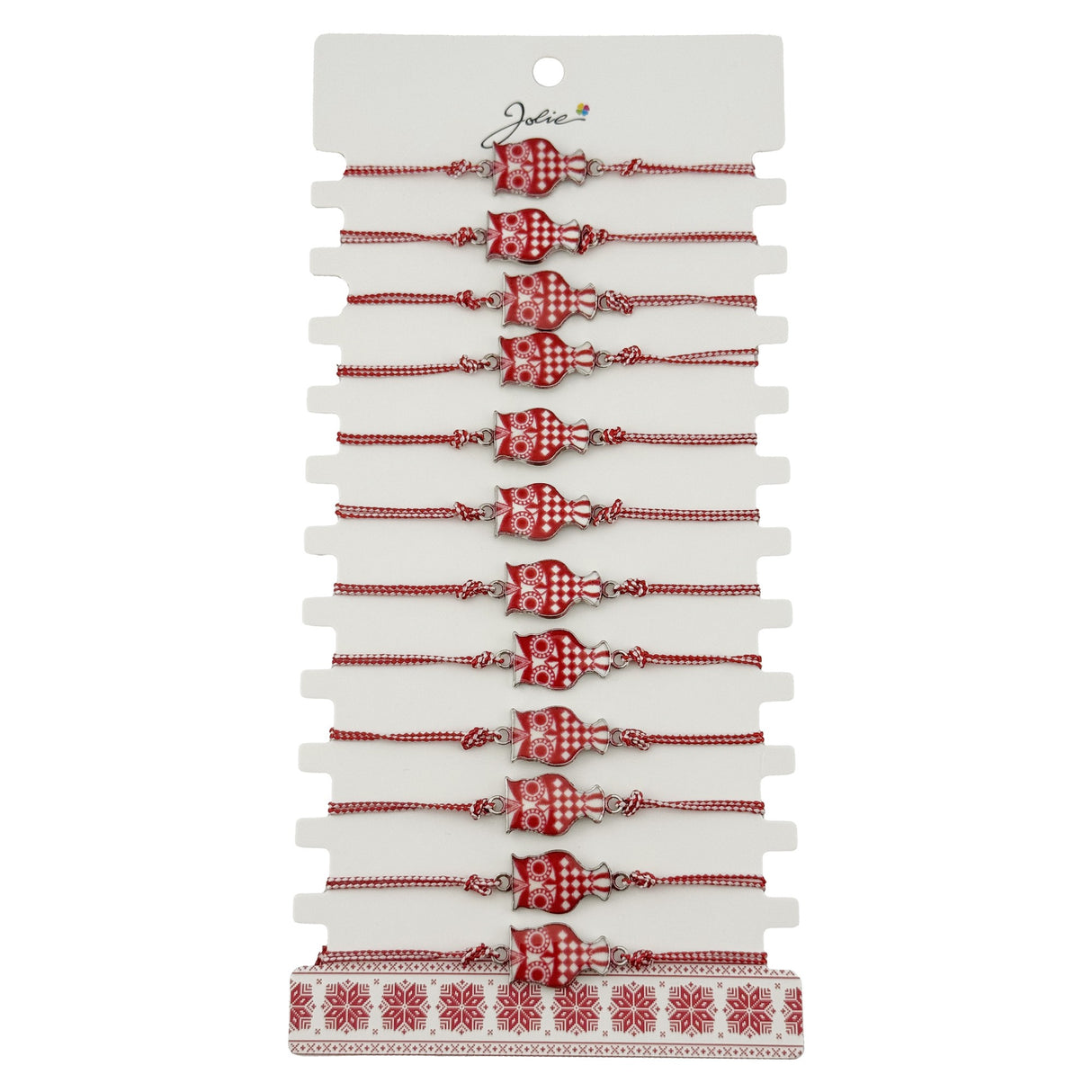 Bratara Martisor pentru Dama, Jolie, Model Bufnita, Set 12 bucati, Pandativ din Aliaj cu Print Traditional, Snur Ajustabil Impletit, Alb/Rosu - vivimall.ro