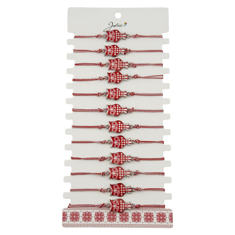 Bratara Martisor pentru Dama, Jolie, Model Bufnita, Set 12 bucati, Pandativ din Aliaj cu Print Traditional, Snur Ajustabil Impletit, Alb/Rosu - vivimall.ro