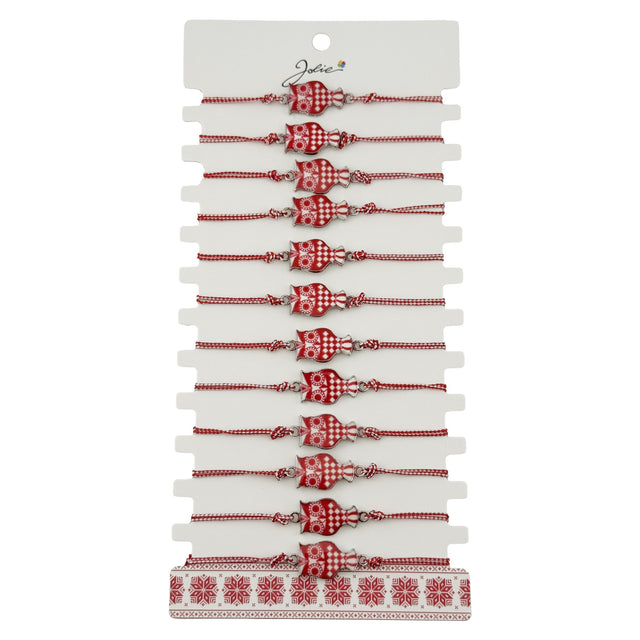 Bratara Martisor pentru Dama, Jolie, Model Bufnita, Set 12 bucati, Pandativ din Aliaj cu Print Traditional, Snur Ajustabil Impletit, Alb/Rosu - vivimall.ro