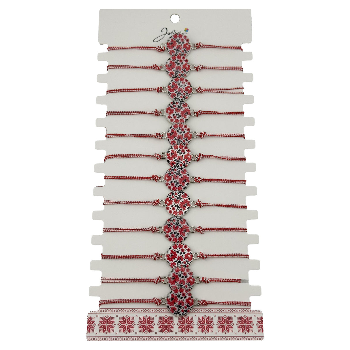 Bratara Martisor pentru Dama, Jolie, Model Rotund cu Flori, Set 12 bucati, Pandativ din Aliaj, cu Print Traditional, Snur Ajustabil Impletit, Alb/Rosu - vivimall.ro