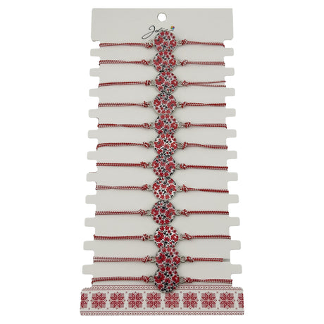 Bratara Martisor pentru Dama, Jolie, Model Rotund cu Flori, Set 12 bucati, Pandativ din Aliaj, cu Print Traditional, Snur Ajustabil Impletit, Alb/Rosu - vivimall.ro