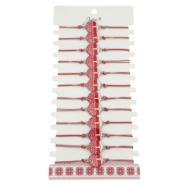 Bratara Martisor pentru Dama, Jolie, Model Rotund cu Copac, Set 12 bucati, Pandativ din Aliaj cu Print Traditional, Snur Ajustabil Impletit, Alb/Rosu - vivimall.ro