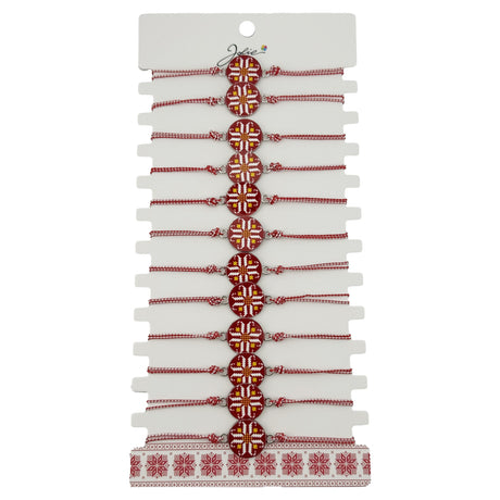 Bratara Martisor pentru Dama, Jolie, Model Rotund Port Traditional, Set 12 bucati, Pandativ din Aliaj cu Print Traditional, Snur Ajustabil Impletit, Alb/Rosu - vivimall.ro