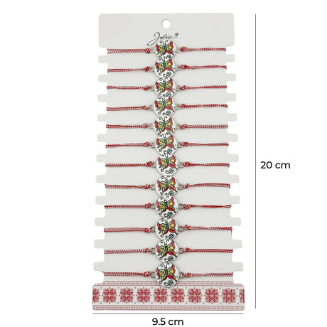Bratara Martisor pentru Dama, Jolie, Model Fluture, Set 12 bucati, Pandativ din Aliaj cu Print Traditional, Snur Ajustabil Impletit, Alb/Rosu - vivimall.ro