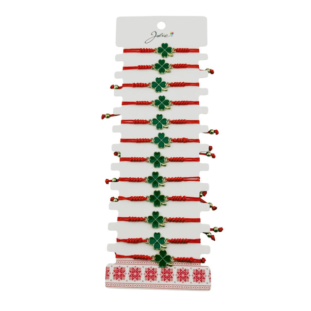 Bratara Martisor pentru Dama, Jolie, Model Trifoi, Set 12 bucati, Pandativ Auriu din Inox cu Snur Rosu Ajustabil - vivimall.ro