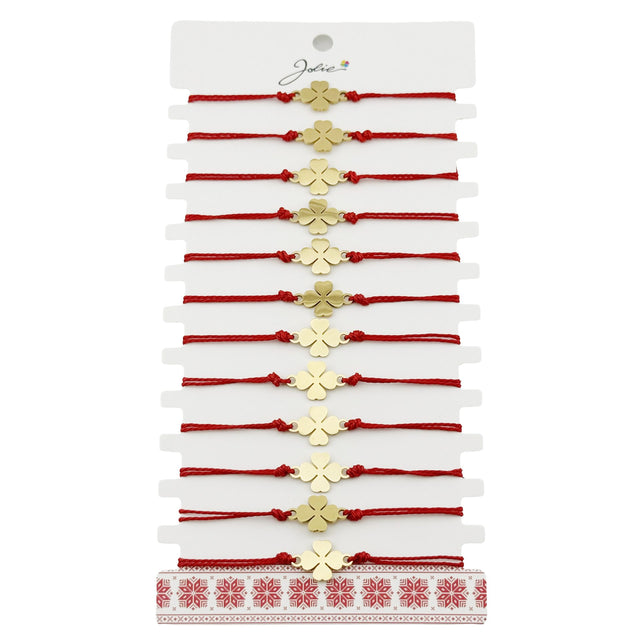 Bratara Martisor pentru Dama, Jolie, Model Trifoi, Set 12 bucati, Pandativ din Inox Auriu, Snur Ajustabil Impletit, Rosu - vivimall.ro