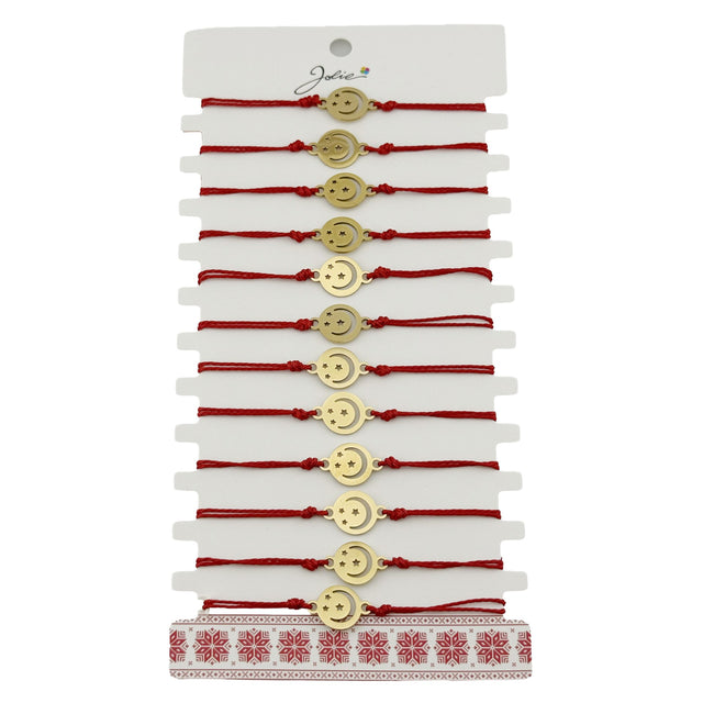 Set 12 brățări mărțișor Jolie, model Lună cu Stele, pandativ inox auriu și șnur roșu împletit, vedere de ansamblu