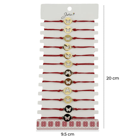 Detaliu pandantiv Fluture în Monedă auriu pe snur roșu ajustabil, set mărțișor Jolie 12 bucăți, suport prezentare 20x9,5 cm