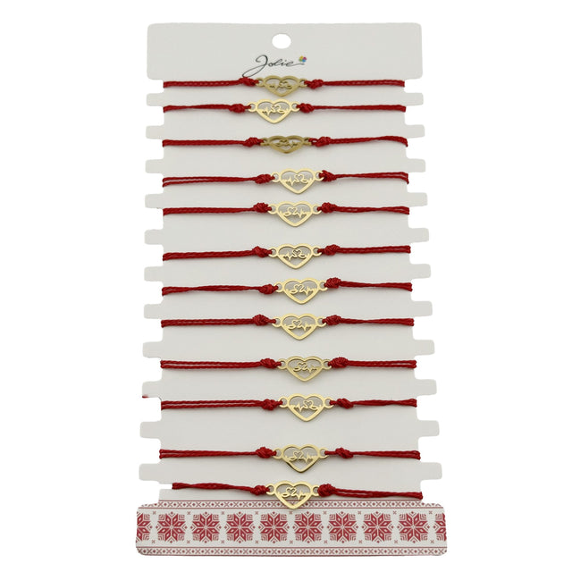 Bratara Martisor pentru Dama, Jolie, Model Inima, Set 12 bucati, Pandativ din Inox Auriu, Snur Ajustabil Impletit, Rosu - vivimall.ro