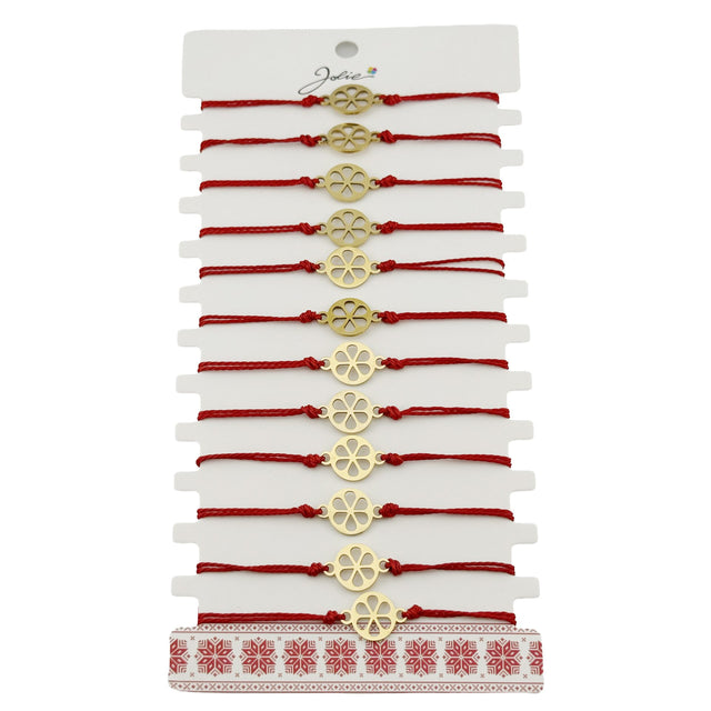 Bratara Martisor pentru Dama, Jolie, Model Floare, Set 12 bucati, Pandativ din Inox Auriu, Snur Ajustabil Impletit, Rosu - vivimall.ro