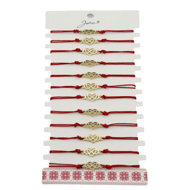 Bratara Martisor pentru Dama, Jolie, Model Infinit in Inima, Set 12 bucati, Pandativ din Inox Auriu, Snur Ajustabil Impletit, Rosu - vivimall.ro
