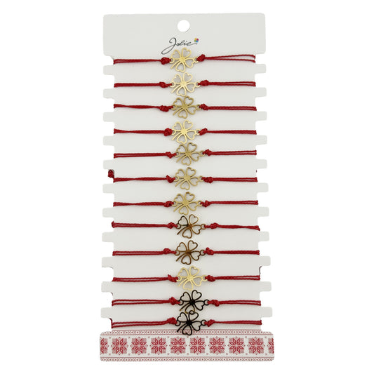 Bratara Martisor pentru Dama, Jolie, Model Trifoi in Contur, Set 12 bucati, Pandativ Auriu din Inox cu Snur Rosu Ajustabil - vivimall.ro