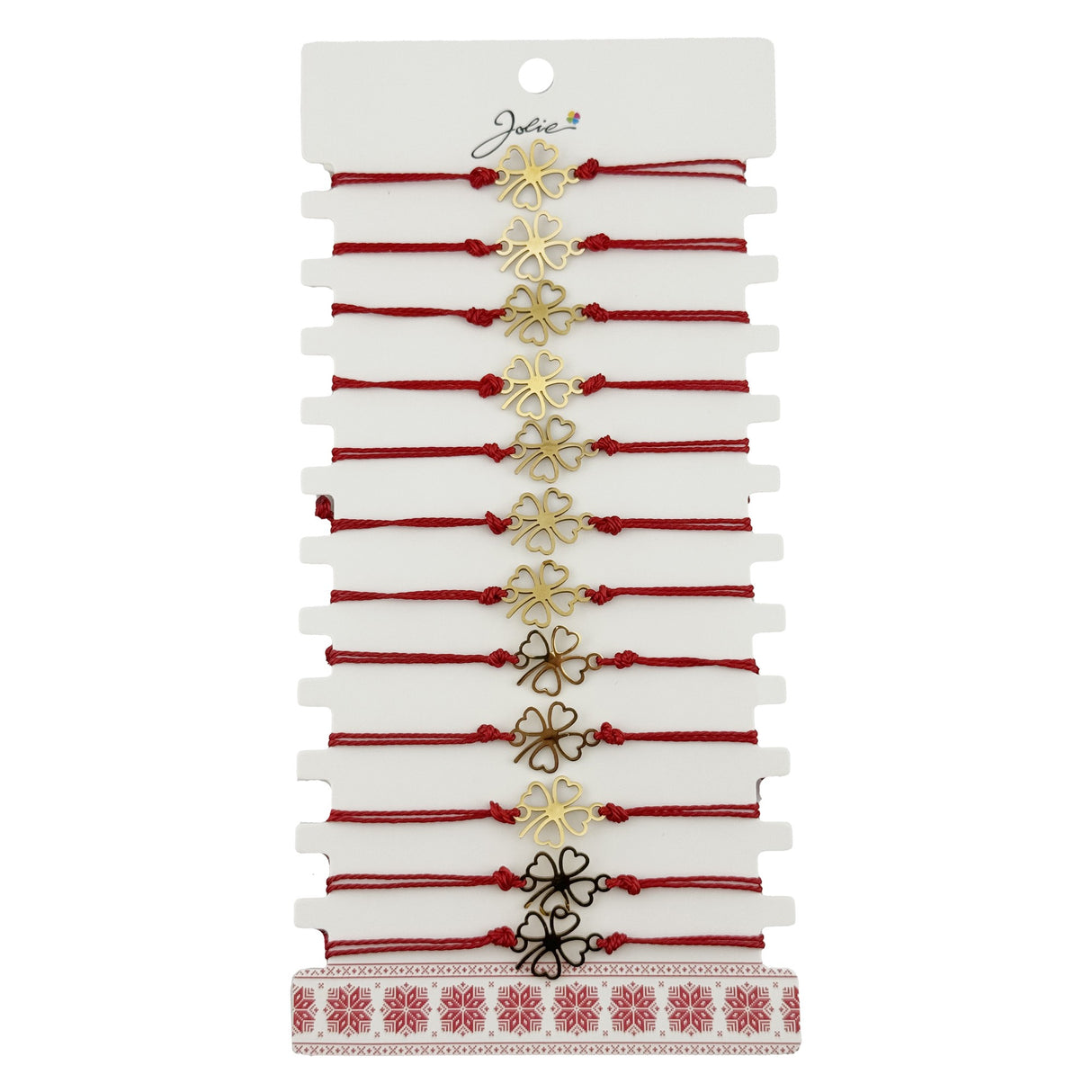 Bratara Martisor pentru Dama, Jolie, Model Trifoi in Contur, Set 12 bucati, Pandativ Auriu din Inox cu Snur Rosu Ajustabil - vivimall.ro
