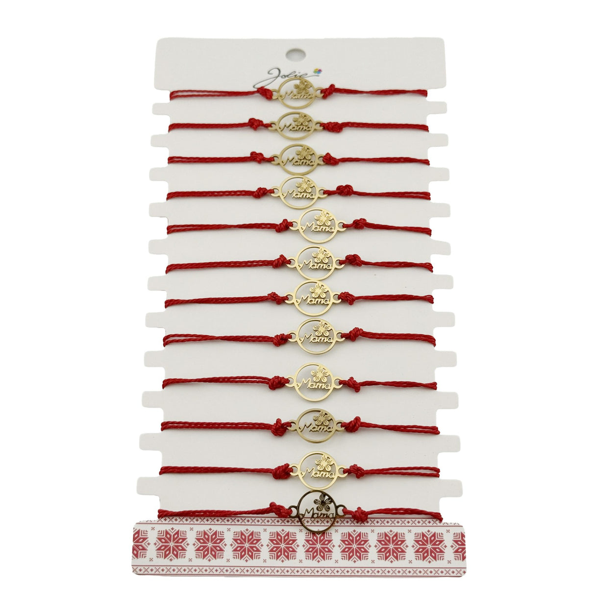 Set 12 brățări mărțișor Jolie model Mama cu Floare, pandantiv inox auriu, șnur roșu ajustabil – vedere de ansamblu
