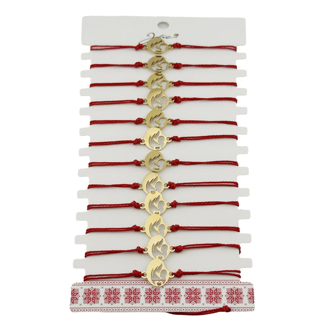 Bratara Martisor pentru Dama, Jolie, Model Mama cu Copil, Set 12 bucati, Pandativ din Inox Auriu, Snur Ajustabil Impletit, Rosu - vivimall.ro